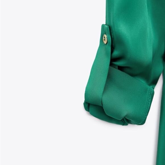 Zara Belted Satin Effect‎ Shirt Dress Green S NWT - Picture 9 of 12